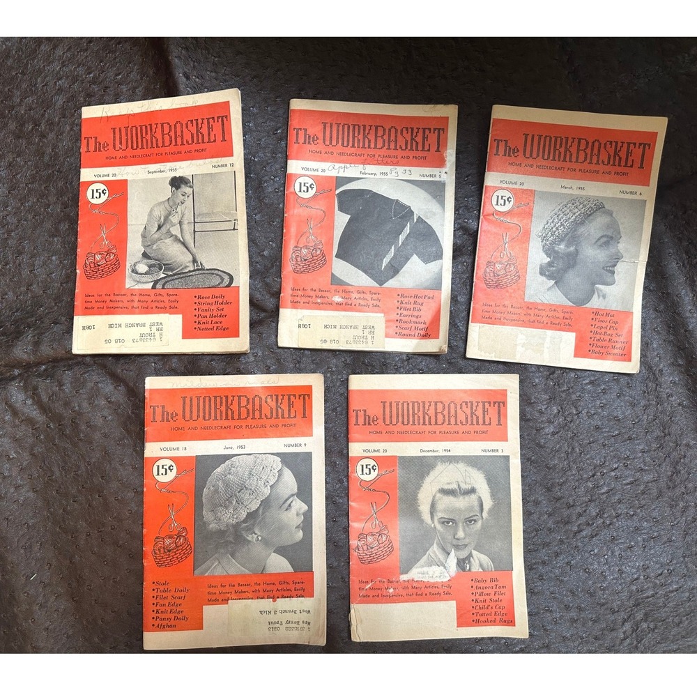 Vintage The Workbasket Magazines 1953-1955 Lot of 5 Crochet Knitting Patterns